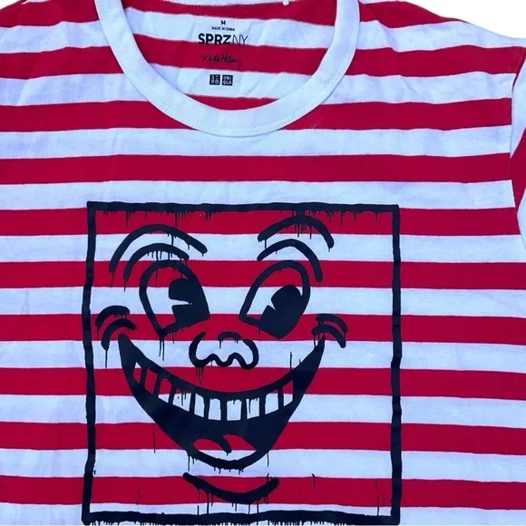 🎨 Keith‎ Haring x Uniqlo SPRZ NY Striped Tee 👕 Red White Art Face Print - Picture 3 of 5